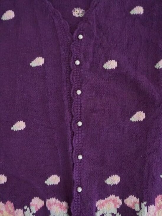 Vintage Maggie Lawrence Purple Polka Dot Floral Embroidered Knit Cardigan M - Picture 6 of 9